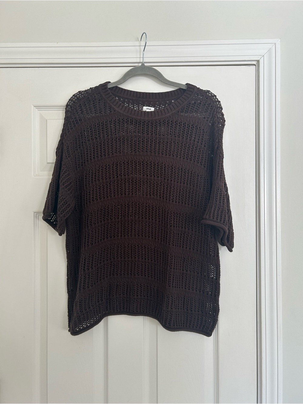 aerie Open-Knit Short Sleeve Sweater in Dark Brown
